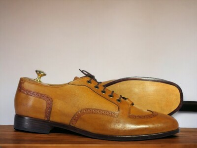 Handmade Men's Tan Leather Shoes ,Wing Tip Lace Up Dress Shoes