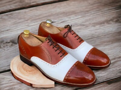Men's Burgundy And White Leather Shoes ,Cap Toe Wing Tip Lace Up Shoes