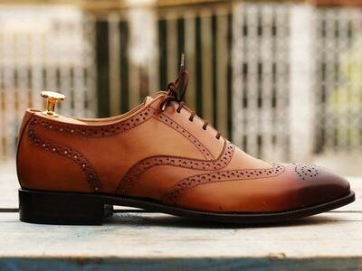 Handmade Pure Leather Tan Wing Tip Brogue Shoes, Men's Dress Lace Up Shoes