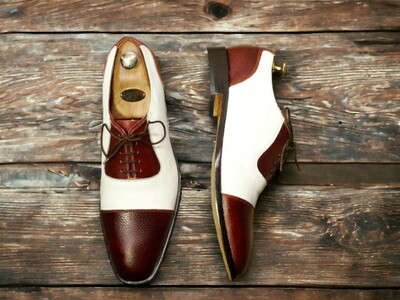Men's Handmade Burgundy White Leather Shoes ,Cap Toe Lace Up Shoes