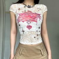 See Through Heart Star Printed Mesh Lace Top - Thumbnail 2