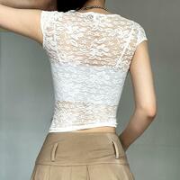 See Through Heart Star Printed Mesh Lace Top - Thumbnail 4