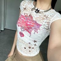 See Through Heart Star Printed Mesh Lace Top - Thumbnail 3