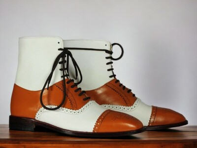 Handmade Men's Tan and White Leather Boot ,Cap Toe Brogue Toe Ankle High Boot