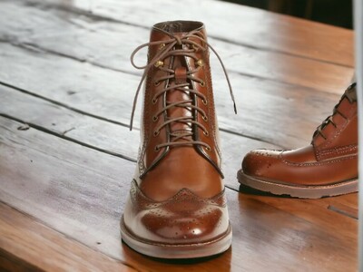 Handmade Men's Brown Leather Boot ,Wing Tip Brogue Toe Lace Up Ankle High Boot