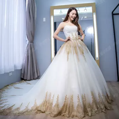 Luxury White Tulle Gold Lace Applique Sweetheart Sleeveless Bridal Gowns Chapel Train Ball Gown Wedding Dresses