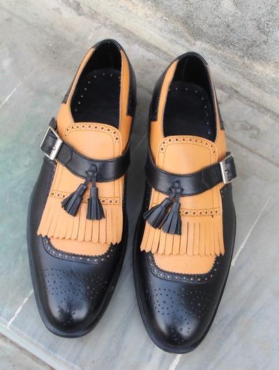 Crafted Leather Custom Made Brown Black Fringes Monk Strap Dress Shoes