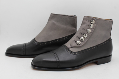Crafted Leather Handmade Dress Shoes Black Gray Leather Button Ankle High Boot