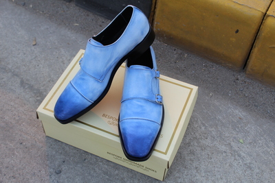 Crafted Leather Classic Blue Leather Double Monk Strap Dress Shoes