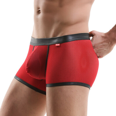 Sexy Mens Underwear Mesh Perforated Holes Low-rise Translucent Boxer Briefs Red MJ1911