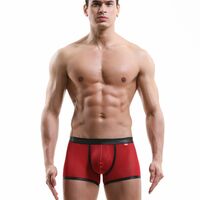 Sexy Mens Underwear Mesh Perforated Holes Low-rise Translucent Boxer Briefs Red MJ1911 - Thumbnail 1