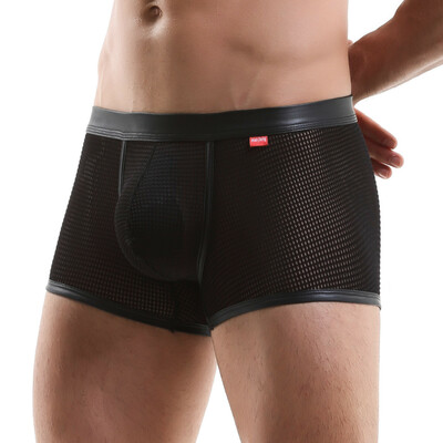 Mens Sexy Underwear Mesh Perforated Holes Low-rise Translucent Boxer Briefs Black MJ1911