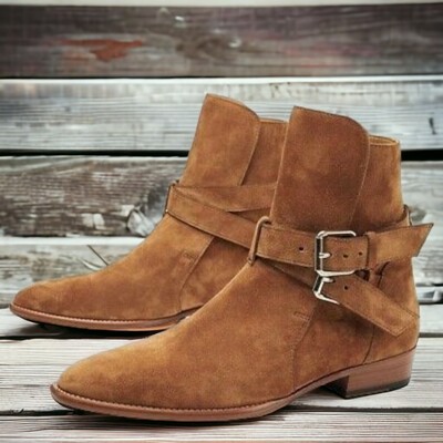 Handmade Men's Tan Suede Boot ,Double Buckle Ankle High boot