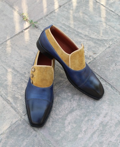 Crafted Leather Men Blue Brown Suede Leather Button Style Loafers Dress Shoes