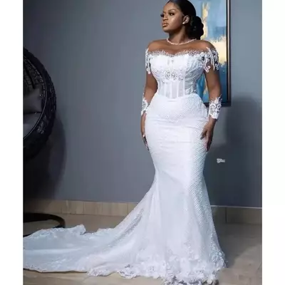 African White Mermaid Wedding Dresses Women Elegant Sheer Long Sleeved Bridal Gowns Lace Country Dress Second Reception Gown