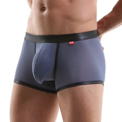 Mens Sexy Underwear Mesh Perforated Holes Low-rise Translucent Boxer Briefs Gray MJ1911