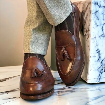 Handmade Men's Brown Leather Shoes , Loafer Slip on Tassel Shoes