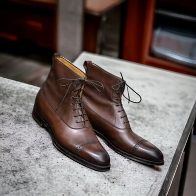 Handmade Men's Brown Leather Boot ,Lace Up Cap Toe Ankle High Boot