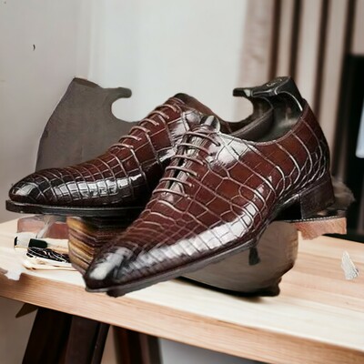 Handmade Men's Brown Leather Shoes ,Alligator Lace Up Shoes