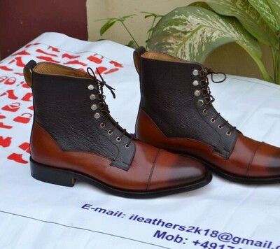 Classic Men Handmade Brown Ankle High Lace up Boot