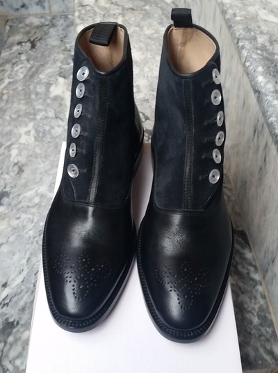 Black Calf and Black Suede Leather Men Button Ankle High Dress Boot