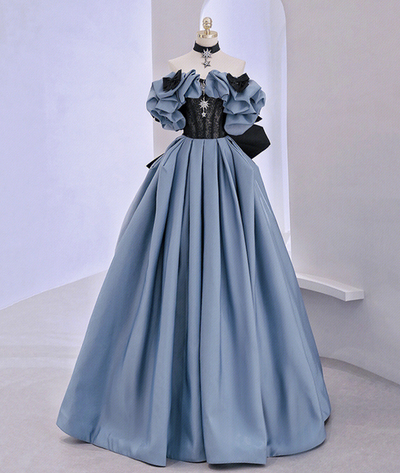 Off Shoulder Satin Lace Long Prom Dress, Blue Evening Dress,1036