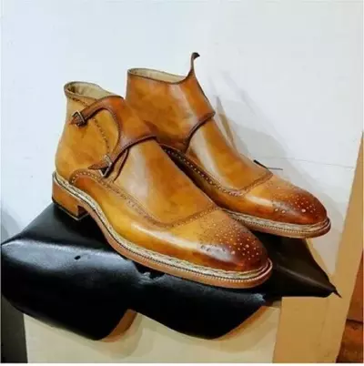 Handmade Men Ankle High Leather Cap Toe Brown Double Monk Strap Boot Monk Shoes