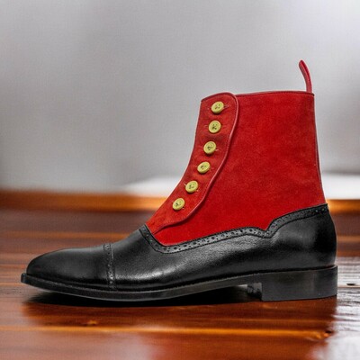 Handmade Men's Black and Red Boot ,Ankle High Button Top Cap Toe Leather Suede Boot