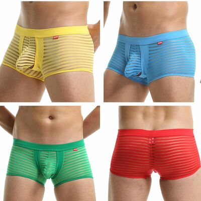 Wholesale Mens Sexy Underwear Mesh Gauze Striped Low-rise Translucent Boxer Briefs MJ2101