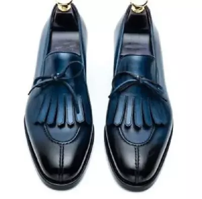 Handmade Men Blue Slip on Shoes with Fringes, Men Blue Formal Dress shoes