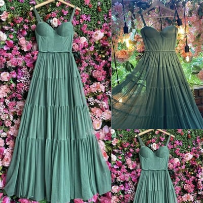 Olive green prom dresses spaghetti straps tulle long - Thumbnail 1