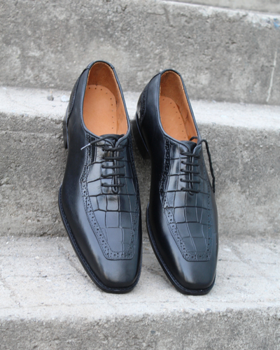 Crafted Leather Classic Black Calf and Black Crocodile/Alligator Oxford Lace up Dress Shoes