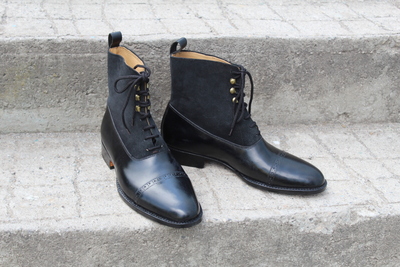 Crafted Leather Bespoke Dress Shoes Black Calf and Black Suede Ankle High Lace up Boot