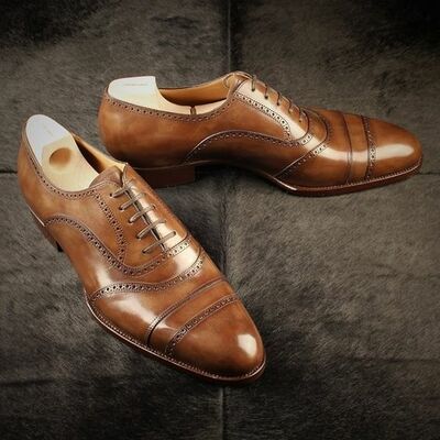 Handmade Tan Brown Oxfords Style Cap Toe Designer Lace Up Shoes