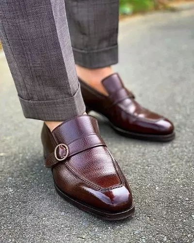 Handmade Men's Brown Monk Strap Loafer Narrow Toe Original Leather Loafer Shoes