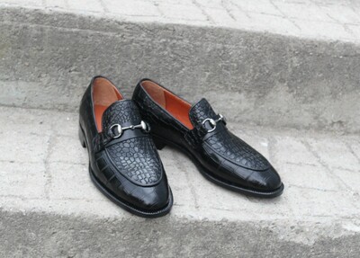 Crafted Leather Classic Black Crocodile/Alligator Horsebit Loafers Dress Shoes