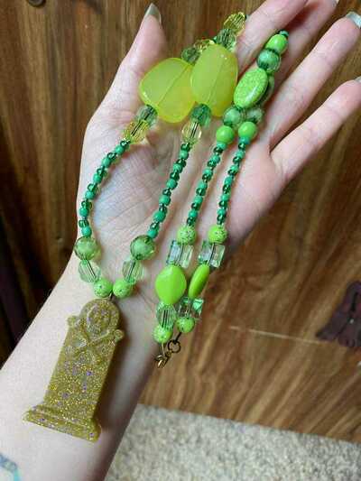 Green Glow Tombstone Beaded Necklace