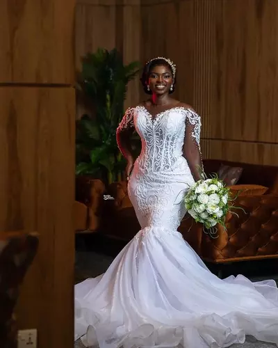 White Mermaid Wedding Dress Lace Beaded Sheer Neck Long Sleeves Bridal Gowns Dresses