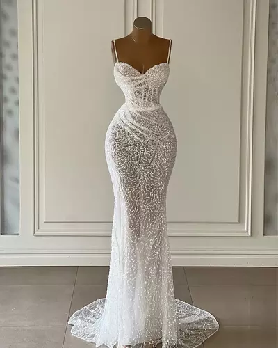 See Through Mermaid Wedding Dresses Spaghetti Straps Bridal Gowns Sequined Beading Illusion Sweep Train Robe Bride Dress