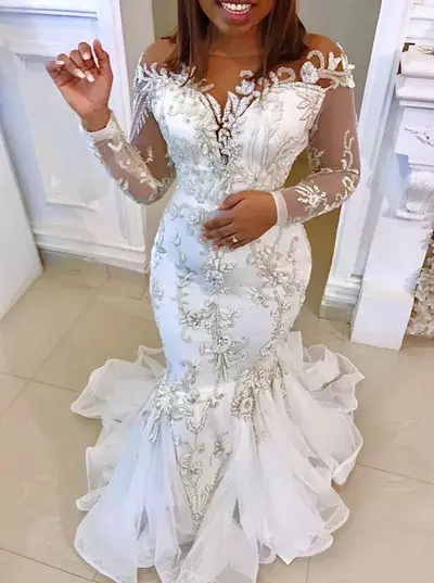 Crystals Beaded Mermaid Wedding Gowns Sheer Neck Long Sleeves Vintage Sexy Bridal Dresses