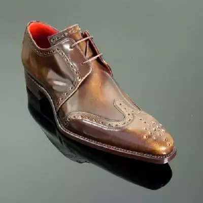 Handmade Men's Brown Brogue Leather Lace up Chisel Toe Derby Formal Dress Shoes