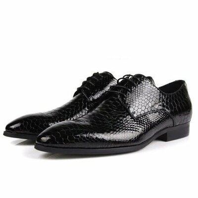New Handmade Men's Black Snake-Skin Texture Dress Derby Shoes