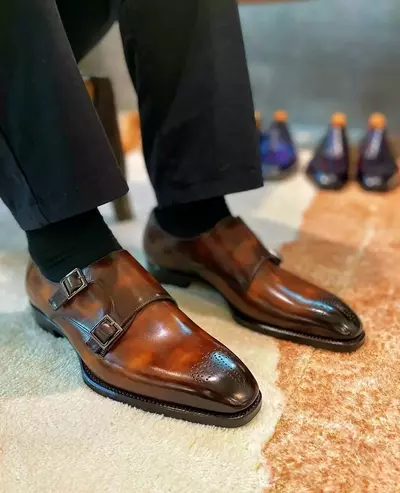 Handmade Men's Brown Cowhide Leather Double Monk Chisel Toe Formal Dress Shoes