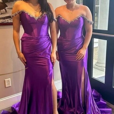 Purple off shoulder bridesmaid dresses slit side with beading - Thumbnail 1
