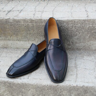 Crafted leather blue leather classic moccasin loafers formal dress shoes - Thumbnail 3