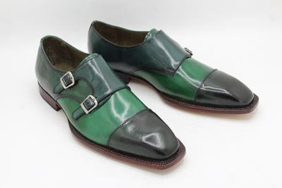 Crafted Leather Double Monk Strap Dress Shoes in Green Leather