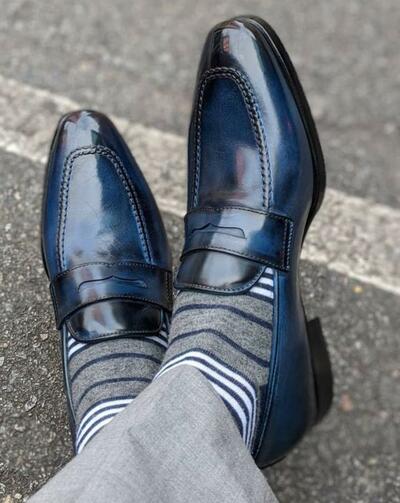 New Handmade Men's Leather New Blue Two Tone Classic Penny Loafers Custom Shoes