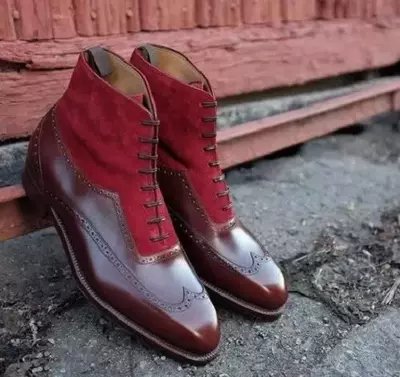 Handmade Men’s Balmoral Burgundy Leather Red Suede Ankle High Wingtip Boot