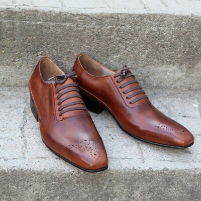 Crafted leather brown patina oxford lace up dress shoes - Thumbnail 4