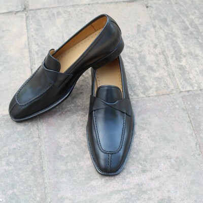 Crafted leather men classic black calf leather loafers dress shoes - Thumbnail 4
